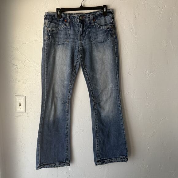 Maurices Y2k Jeans 9/10 Blue Denim Bootcut Mid Rise Distressed Pockets - Picture 3 of 10